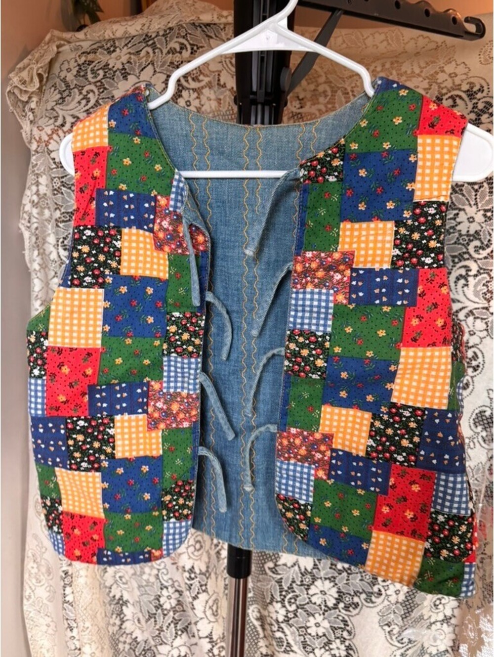 Vintage Reversible Patchwork & Denim Lace-Up Vest
